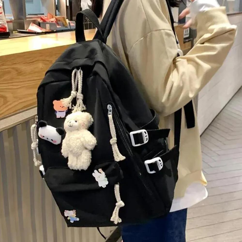 Girls Black Travel Waterproof School Bag Women New Nylon Laptop Book Bag Trendy Fashion Cute Female Ladies College Backpack Cool