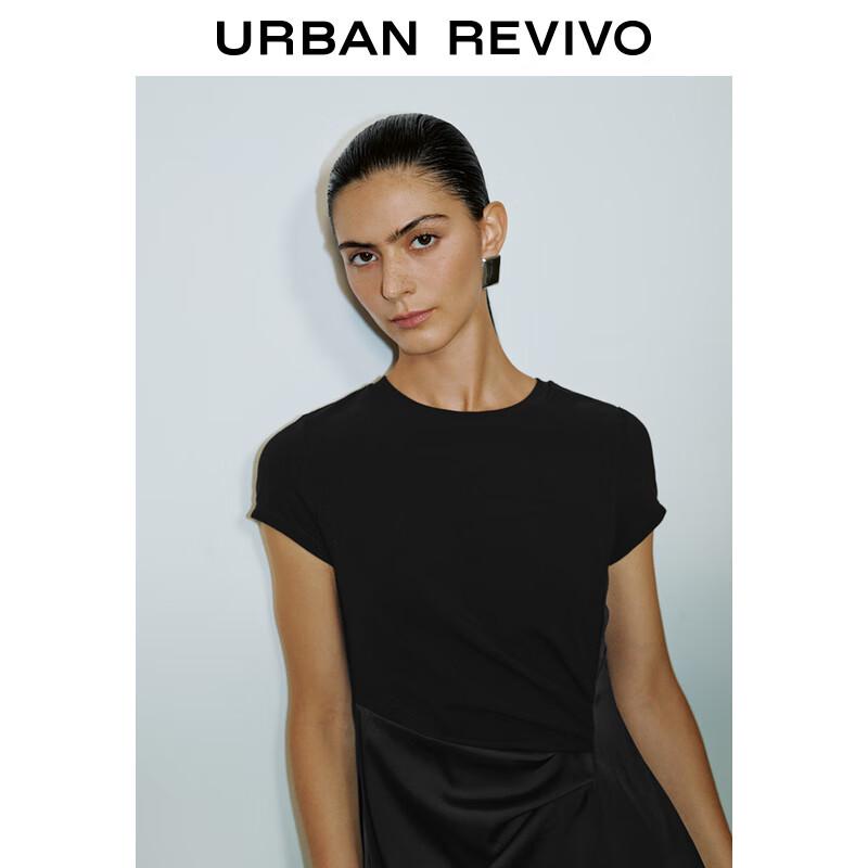 UR 2025 Spring Spliced Lace Pleated Slit Short Sleeve Dress