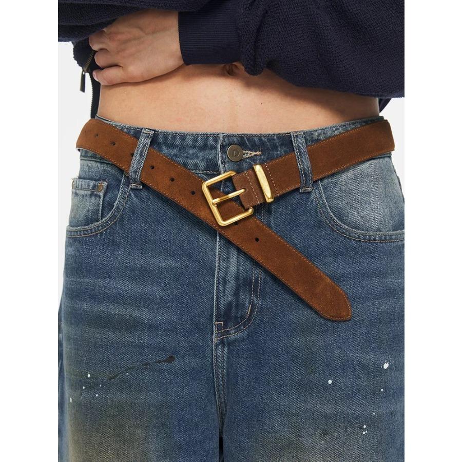Luxury Suede Cowhide Leather Belt for Women Vintage Style with Gold Buckle 3.3cm Wide Waistband for Dresses And Jeans