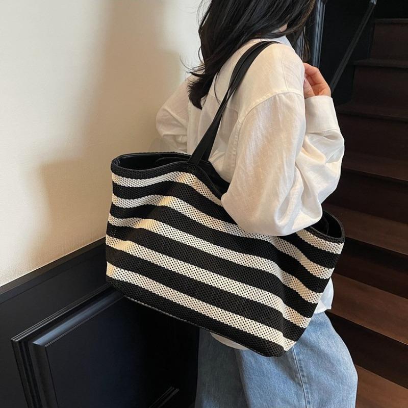 Striped Knitted Woven Bag Women's Large-capacity New Summer Versatile Shoulder Bag Commuter Tote Bag