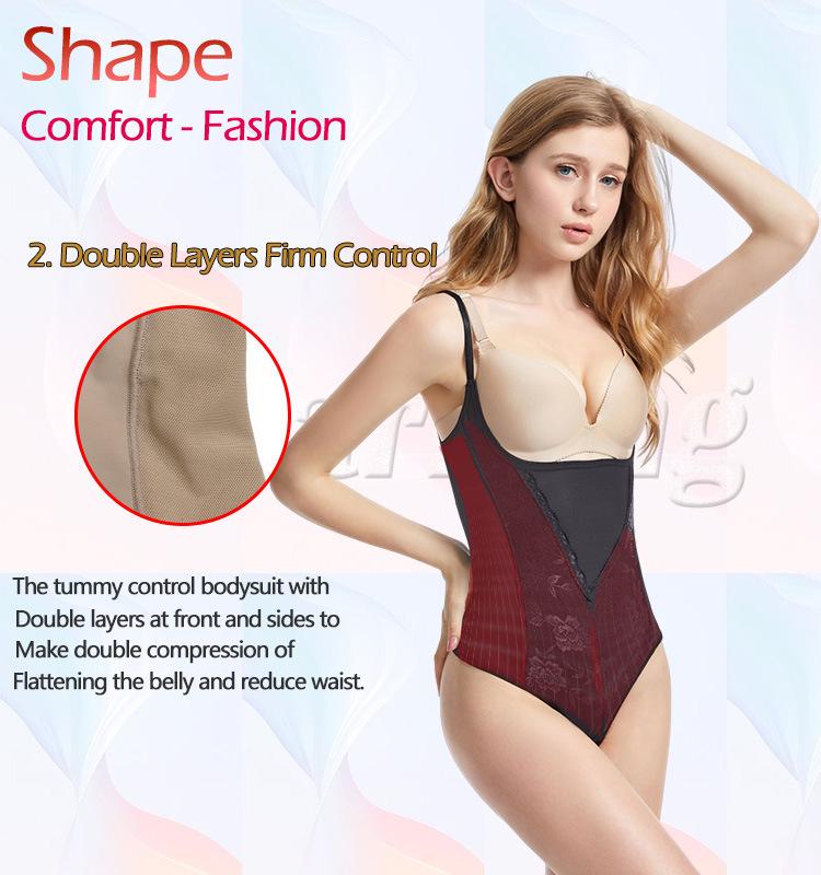Body con spalline sottili in pizzo, schiena a T, con sostegno al seno e modellante in vita