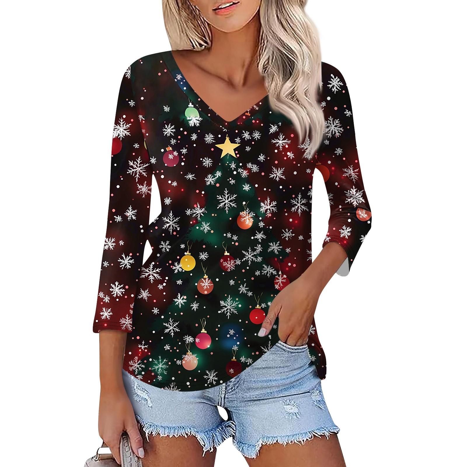 

Рубашка для женщин, модная, повседневная, с V-образным вырезом, рукавом 3/4, свободная, с рождественским принтом, женская футболка, топ XL