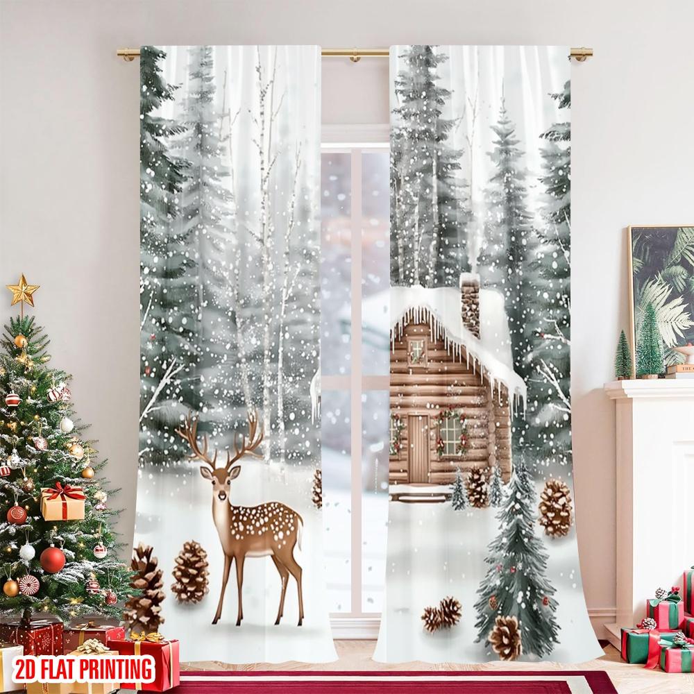 2pcs 2D Flat Printing Merry Christmas Curtains Winter Forest and Deer Christmas Digital Printed Polyester Drapes Spring Perfect