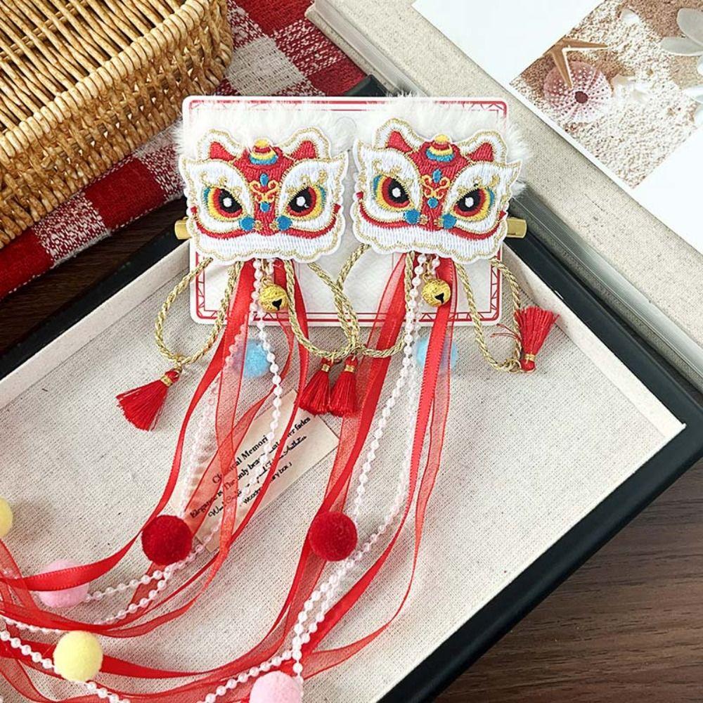 2pcs Bow Children's Chinese Hairpin Lion Ancient Style Hair Clip New Year Ribbon Barrettes  Kids