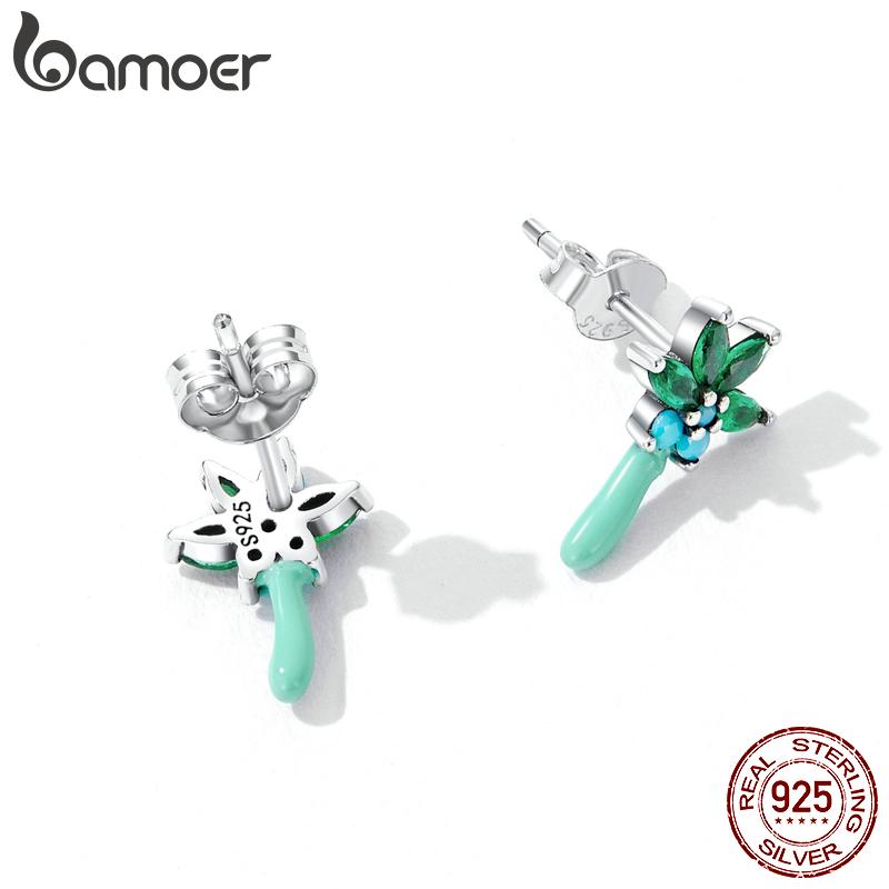 BAMOER 925 Sterling Silver Coconut Tree Stud Earrings for Women Green Zirconium Piercing Earrings Fine Jewelry Wedding Gift