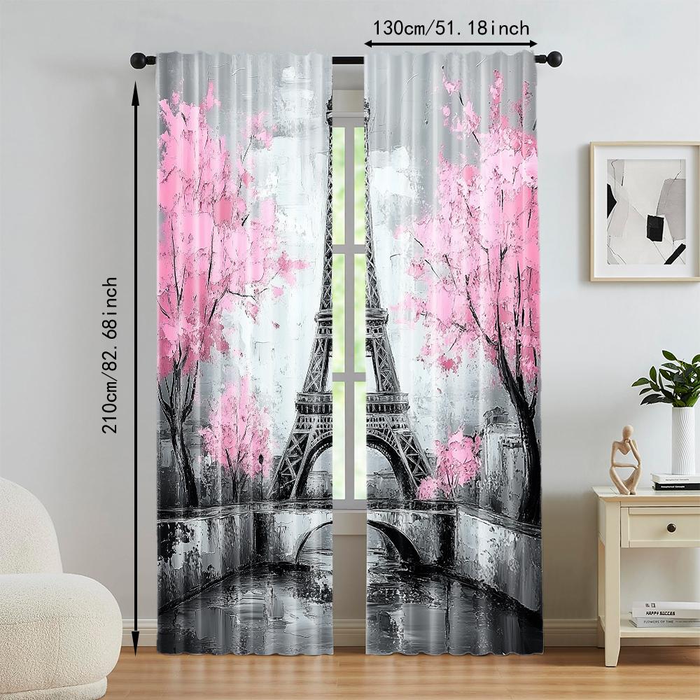 2Pcs Eiffel Tower Printed Window Curtain Rod Pocket Window Treatment For Bedroom Office Kitchen Living Room Study Home Decor_ai9