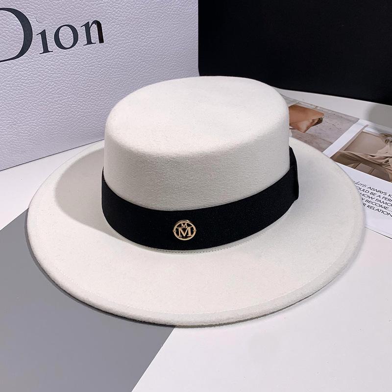 British retro style white fashion woolen jazz top hat women's hat trendy brand French celebrity versatile flat top hat