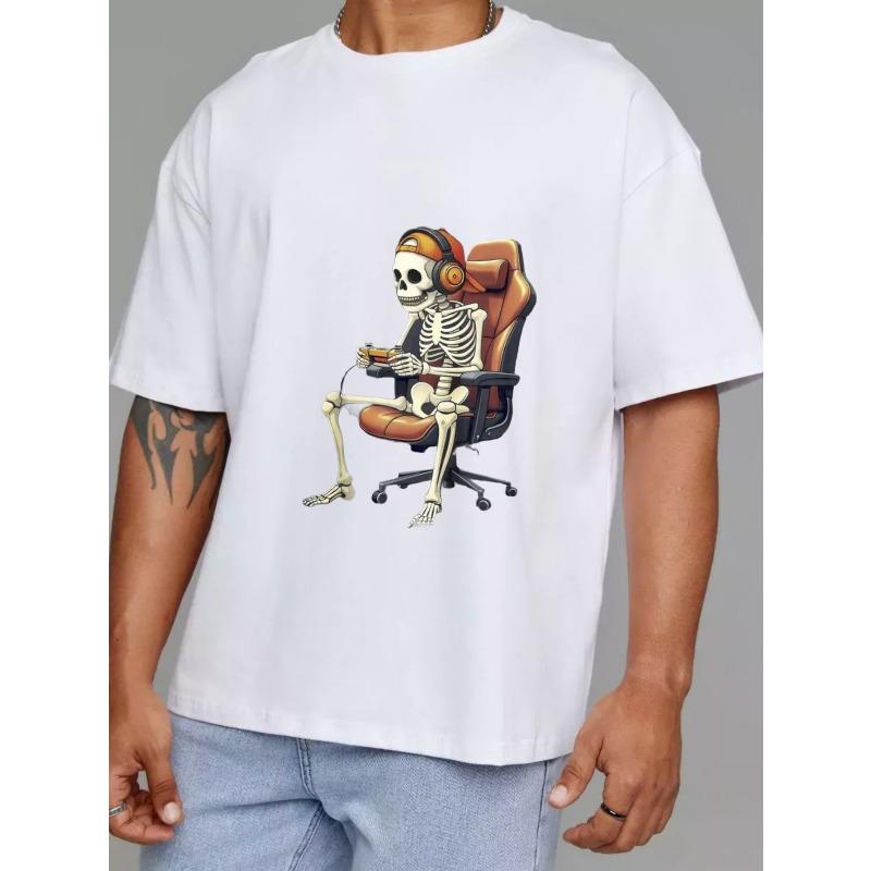 White T-Shirt Skeleton Gamer with Headphones and Chair Gaming Design for Casual Wear