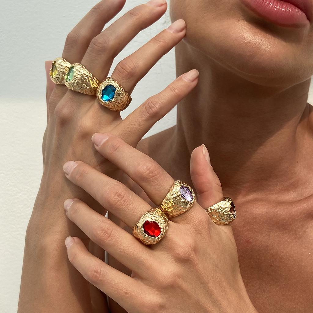 Light Luxury High-End Geometric Diamond-Set Gemstone Ring Set, Personalized Wind Liquid Metal Ring