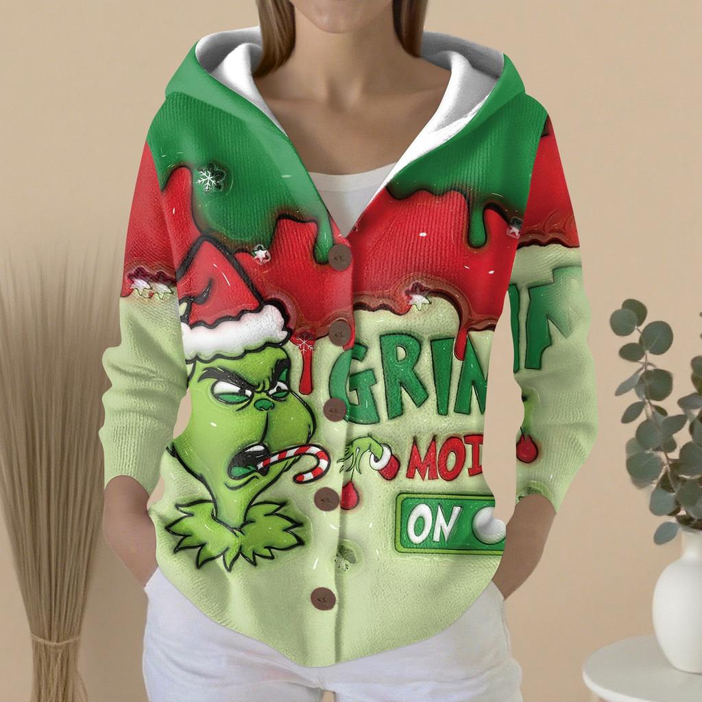 Women's Fashion Casual Sweater Button-Up Print Cardigan  Hooded Jacket