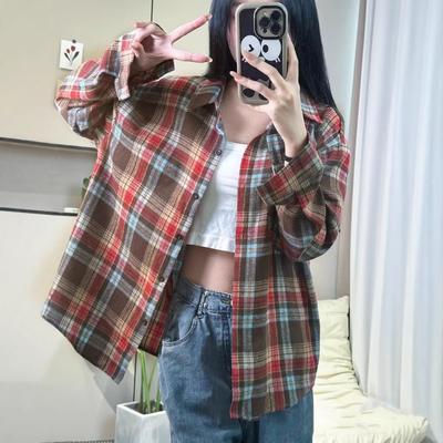 Nouveau chemisier Printemps et Automne 2025 pour Femmes Version Coréenne Style Rétro Hong Kong Col Polo Chemise Veste Lâche à Carreaux Étudiante pour Femmes