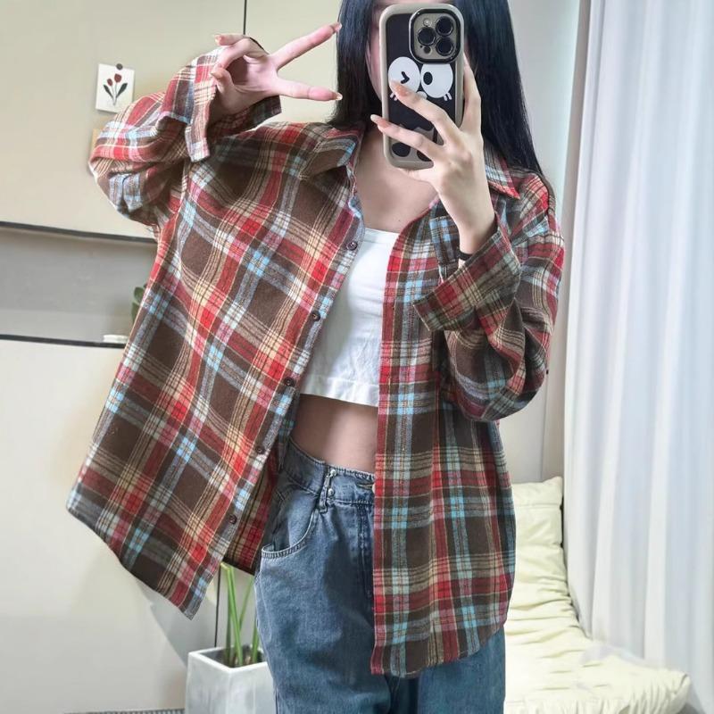 

Новая рубашка для женщин на весну и осень 2025 года, корейская версия, ретро-стиль Гонконга, воротник поло, студенческая клетчатая свободная куртка-рубашка для женщин 2XL красный