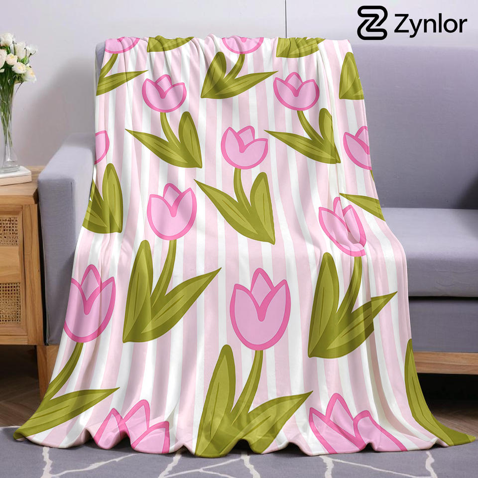 Pink Stripe Tulip Lightweight Microfiber Soft Christmas Fleece Blanket Warm Cozy Throw for Bed Sofa Office Travel All Season