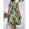 Women's Fashionable Retro Patterned Printing Color Blocked Belt Casual Dress