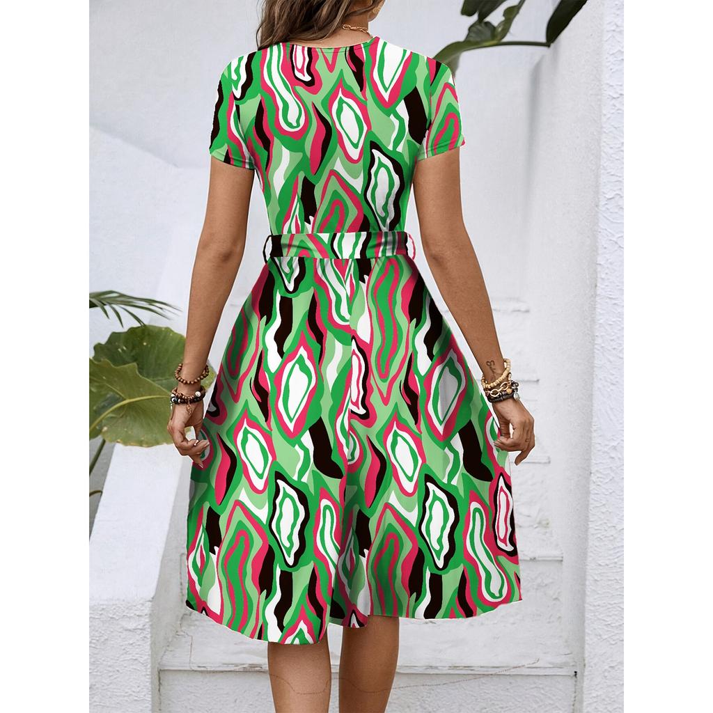 Women's Fashionable Retro Patterned Printing Color Blocked Belt Casual Dress