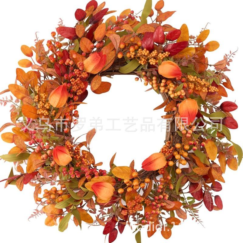 Harvest Wreath With Pumpkins Berries Vine Circle Halloween Thanksgiving Door Decor