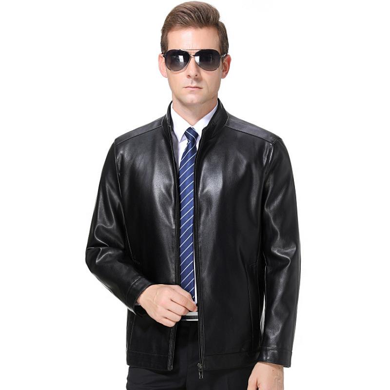 Autumn and Winter New Jacket Men's Sheepskin Versatile Business Casual Middle-aged and Elderly Stand-up Collar Plus Velvet Leather Jacket for Men
