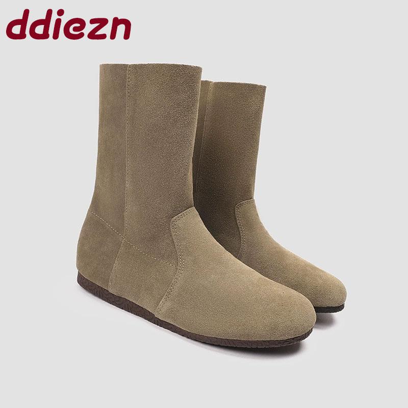 Fashion Fashion Round Toe Women Ankle Boots Flats Shoes Female Slip On Footwear Flock Ladies Modern Short Boots Shoes lady