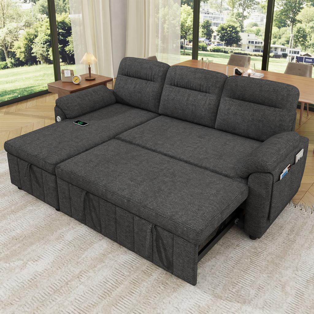 L-förmiges Ecksofa mit links/rechts ausziehbarer Ottomane, Schlaffunktion, Stauraum in der Ottomane, USB/Typ-C-Panel, Chenille-Stoff, Grau.