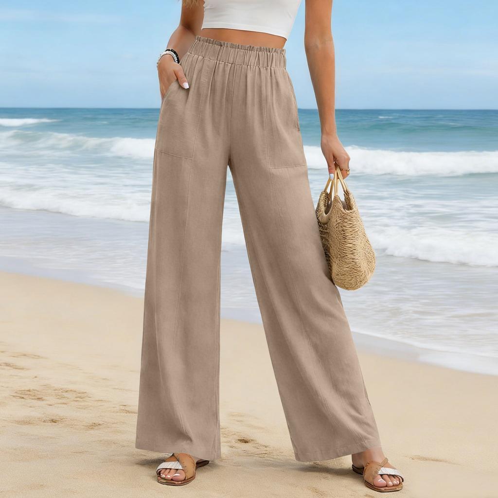 Women's Cotton Linen Pants Summer Wide Leg Casual Loose Drawstring High Waist Palazzo Pants Trousers With Pockets