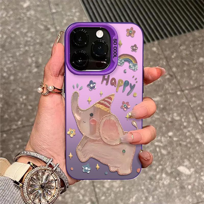 Oil Painting Elephant Silver Phone Case for iPhone 12 Pro Max/13/14/15 Plus/16/17