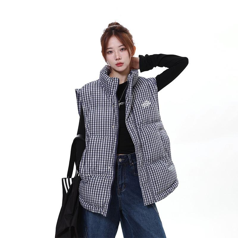 

Хлопковая куртка-жилет в клетку со стойкой для женщин, осень и зима, новый стиль, многослойный, повседневный, свободный жилет, вышитый жилет XL