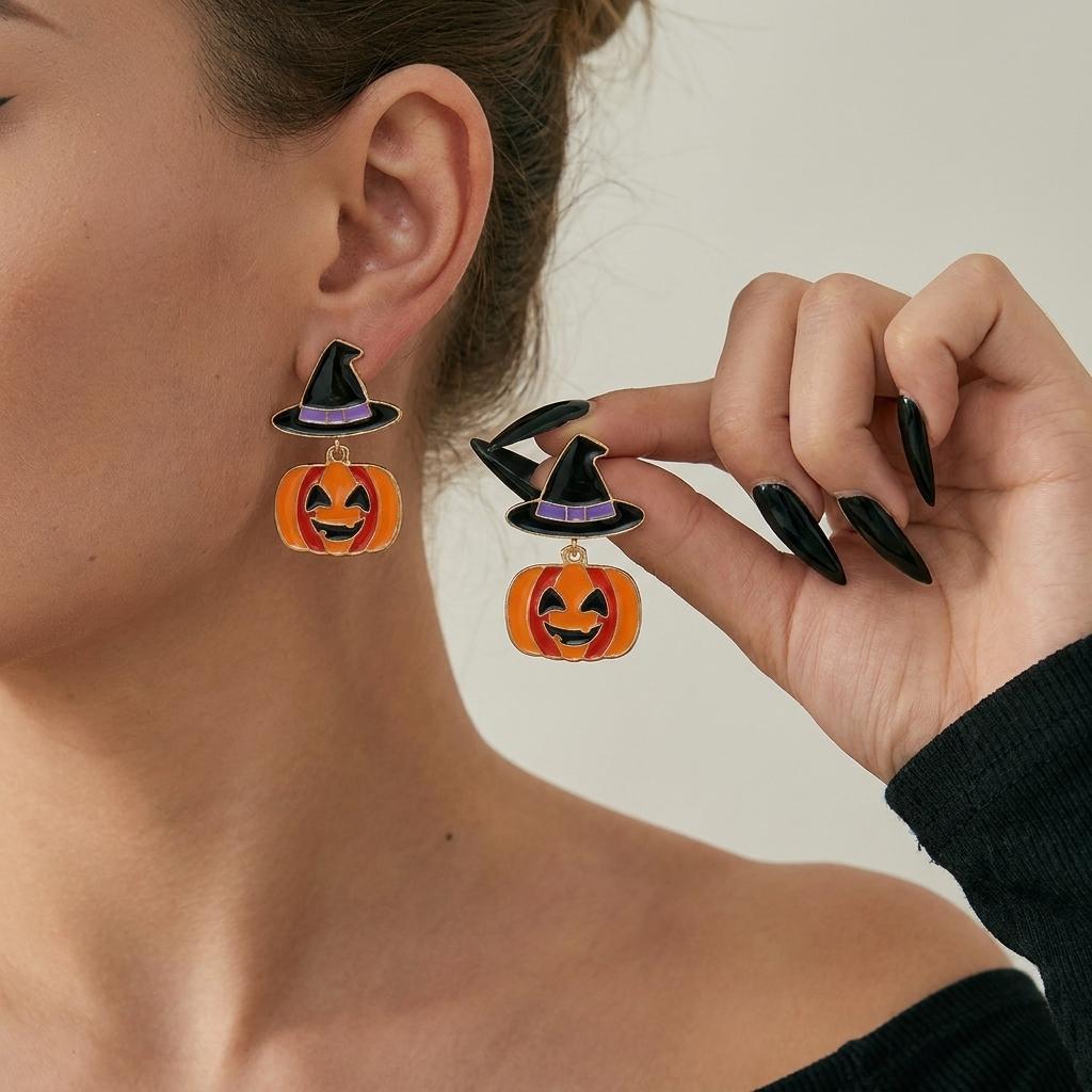 Playful Enamel Witch Hat Pumpkin Candy Dangle Earrings for Women Halloween Statement Earrings Cosplay Party Jewelry Gifts