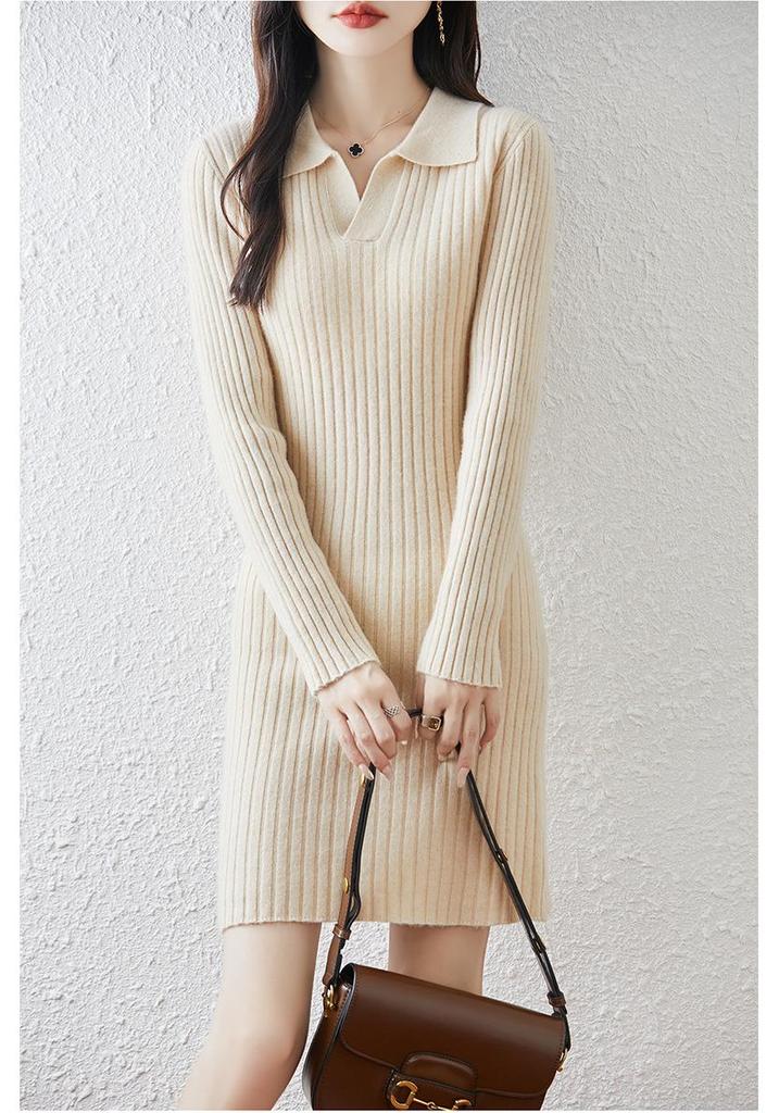 Women's Polo Neck Wool Sweater Dress - Slim Fit, Knee-Length, Ideal as Base Layer for Autumn/Winter Coats
