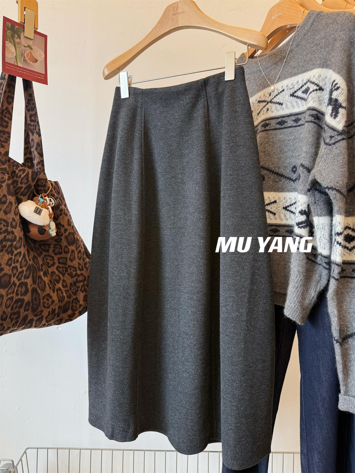 

MUYANG Hip-Hugging Wool Skirt with Mulberry Silk & Cashmere - Mid-Length, Slimming Tulip Design XL темно-серого