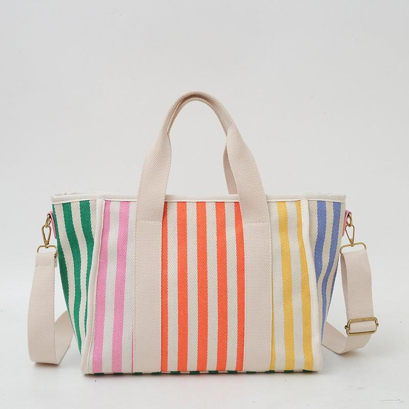 Koreanischer Stil Mode Gestreifte Schultertasche für Damen Große Kapazität Outdoor Freizeit Reise Umhängetasche Ins Style Kontrastfarbene Handtasche