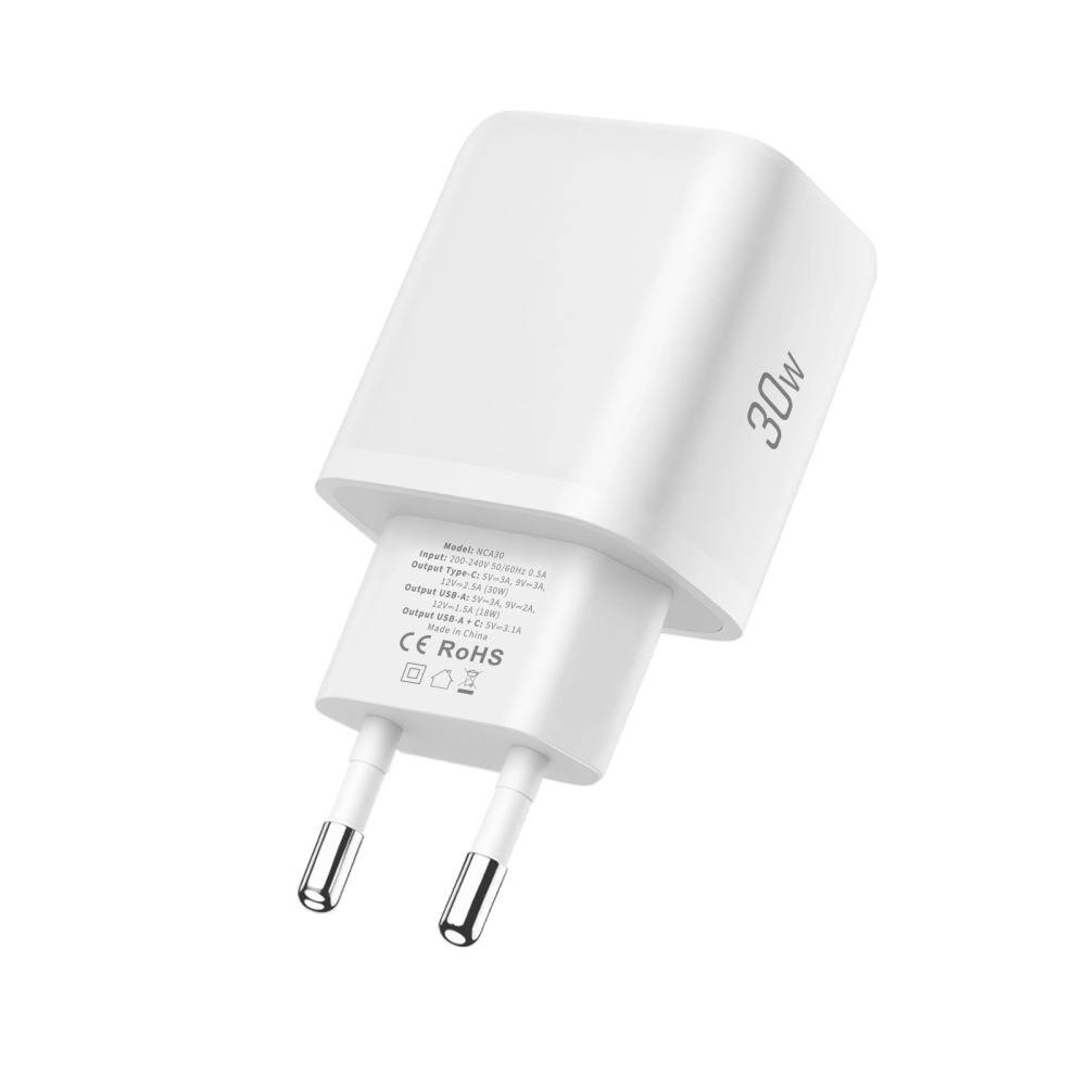 Netzladegerät NCA30 USB-A USB-C PD QC 30W mit USB-C-Kabel 1m - weiß