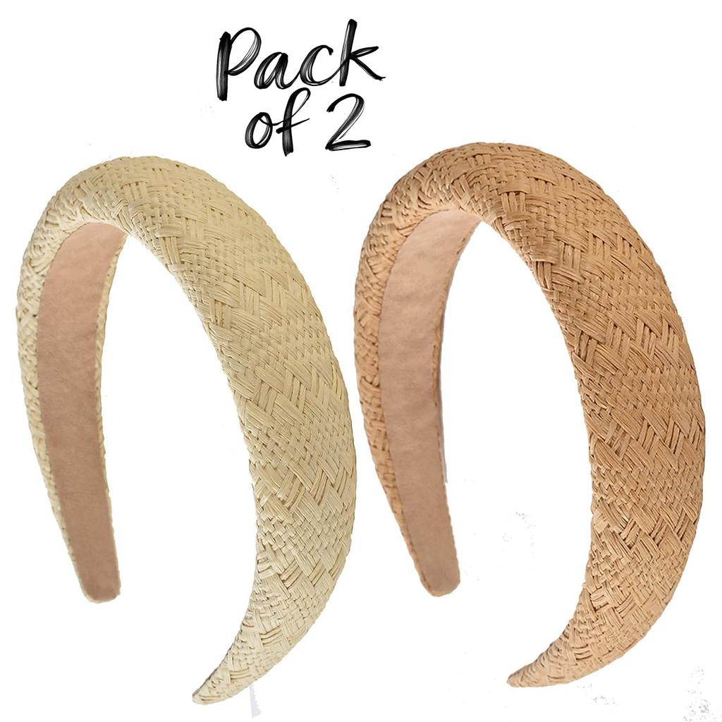 Store2508 Pack of 2 Women’s Woven Straw Headband Set | Padded Wide Rattan Hairbands for Girls & Women | Handmade Braided Summer Beach Headband | Co