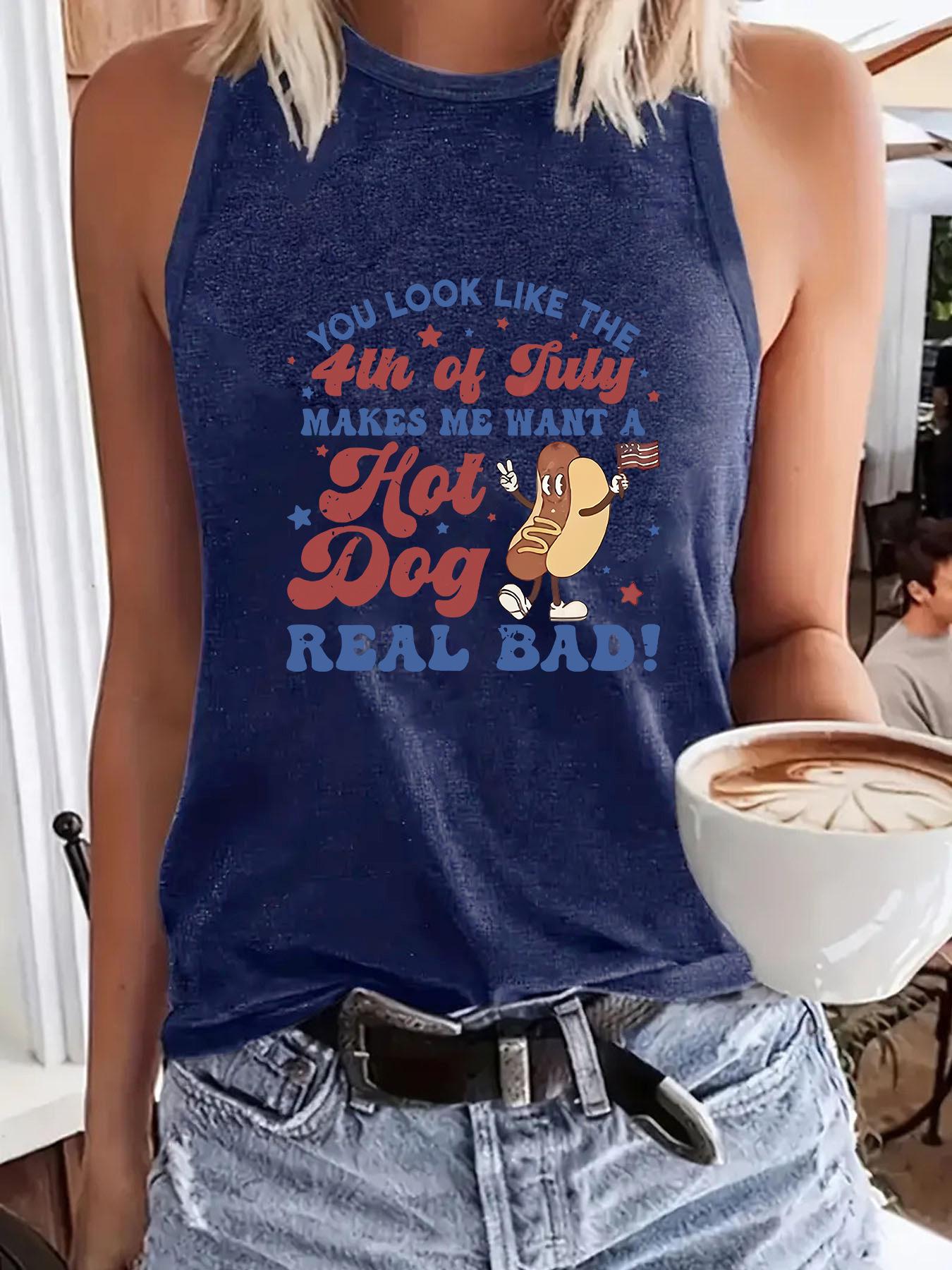 

Зарубежная женская свободная майка с принтом хот-дога и букв Extra Large темно-синий