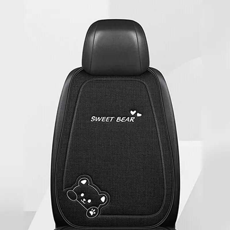 1pc Cartoon Bear Car Seat Cover Linen Anti-Slip Breathable Auto Single Pad Universal Car Square Seat Rear Seat Back Cushion