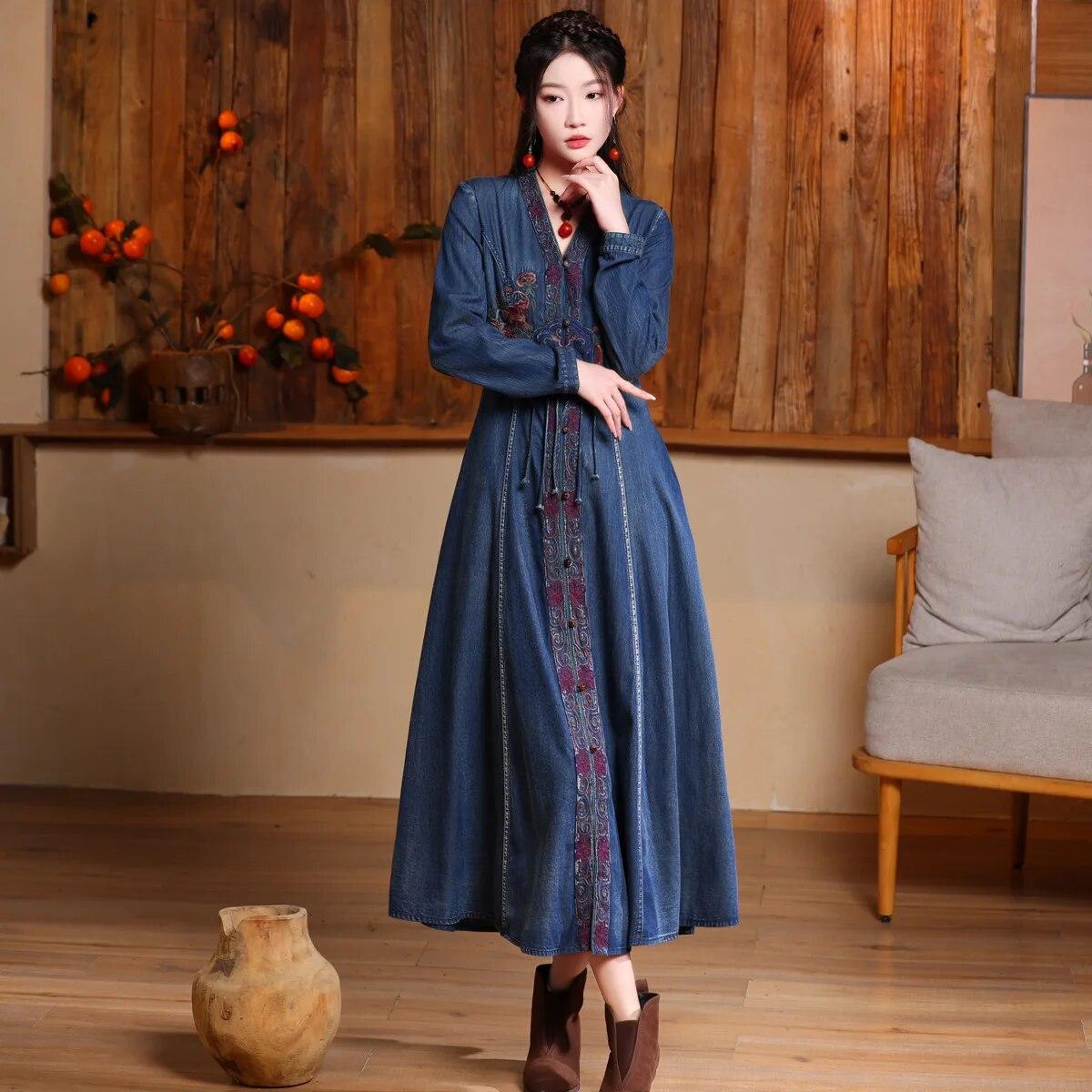 

Johnature, хлопковое платье с v-образным вырезом и вышивкой в ​​китайском стиле, винтажное ретро-платье, однобортное повседневное платье трапециевидной формы с длинными рукавами L синий