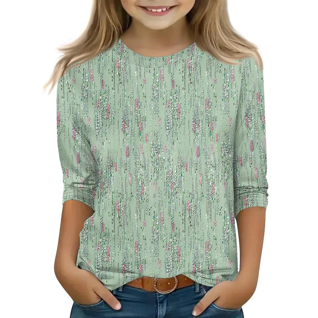 Children's 3/4 Sleeve Tops Casual Print T Shirt Round Neck Pullover Blouse
