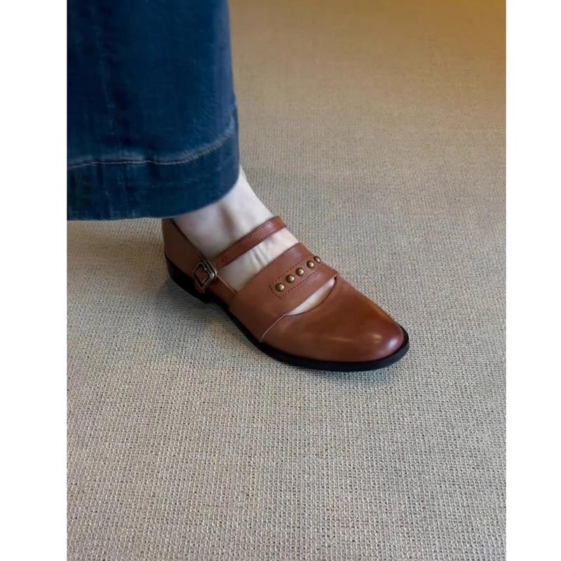 Cowhide Version~ Genuine Leather Retro Rivet Mary Jane Single Shoes Women's One-word Loafers with Round Head British Style Small Leather Shoes