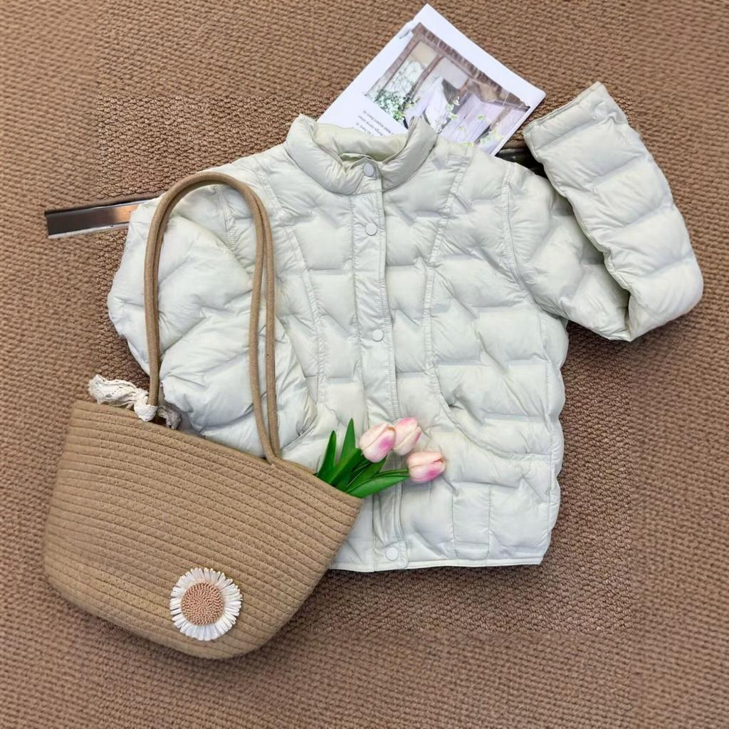 American pressed down jacket women's short stand-up collar white duck down winter fashion design sense thin coat tide