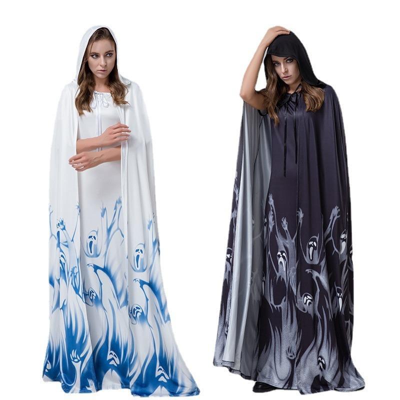 Halloween, Cape Dress Vampire Bride Reaper Witch Robe Print Horror Skull Costume Woman
