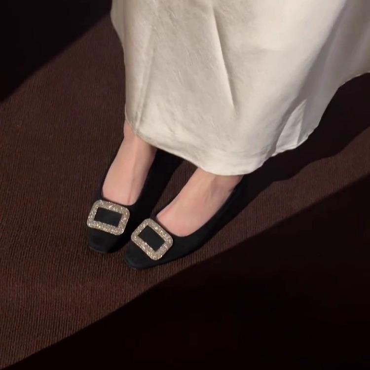 Sheepskin version~ New leather square head rhinestone square buckle single shoes for women's Korean version, commuting light mouth Mary Jane shoes