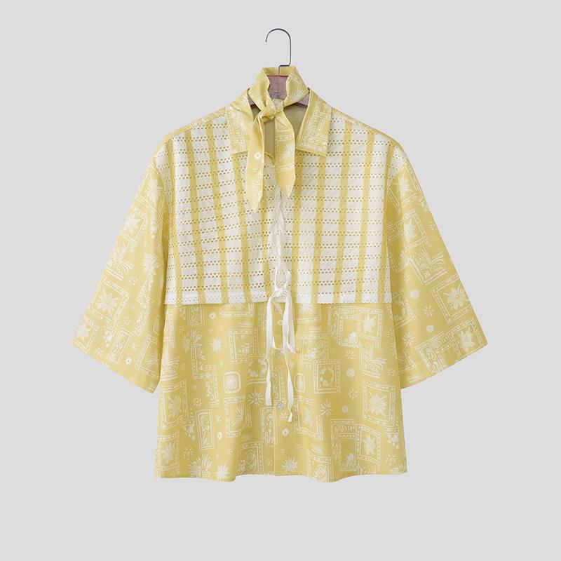 INCERUN Herren Reverskragen Kurzarm Floral Print Splicing Spitze Lässige Lockere T-Shirts Hemden
