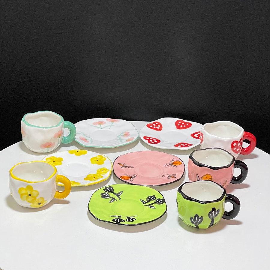 High-Value Hand-Pinched Irregular Underglaze Color Hand-Painted Flower Love Ceramic Coffee Cup Saucer Exquisite Afternoon Tea Cup Saucer