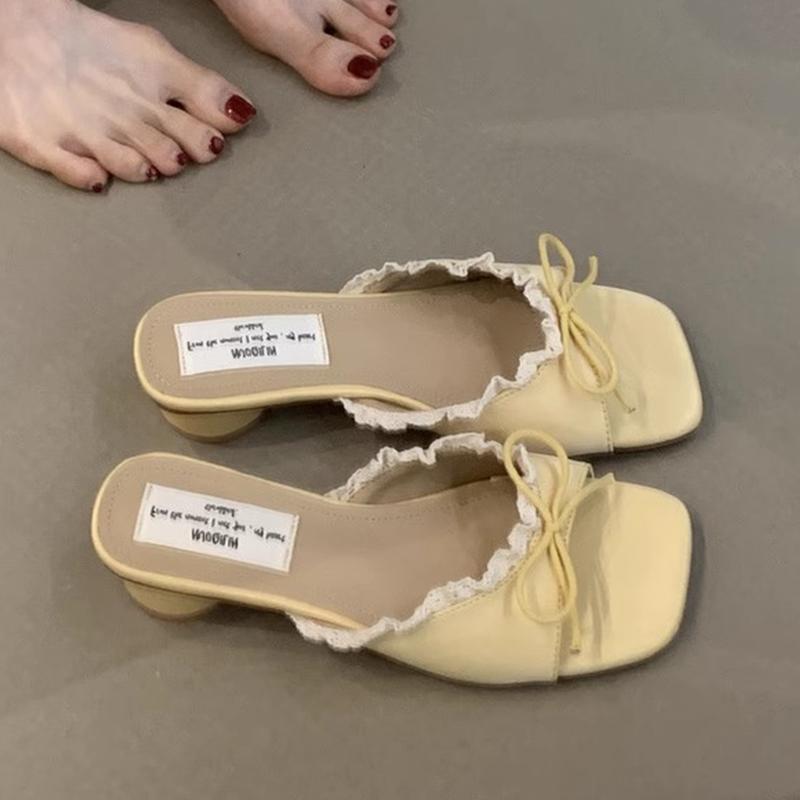 Fashion Bow Women Slippers Fashion Dress Shoes Elegant Designer Heeled Sandals Woman Summer 2025 New Slides Luxury Zapatillas De Mujer