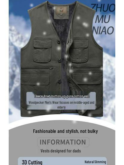 Woodpecker Men's Warm Fleece Lined Vest - Thickened Cotton Sleeveless Jacket for Autumn and Winter