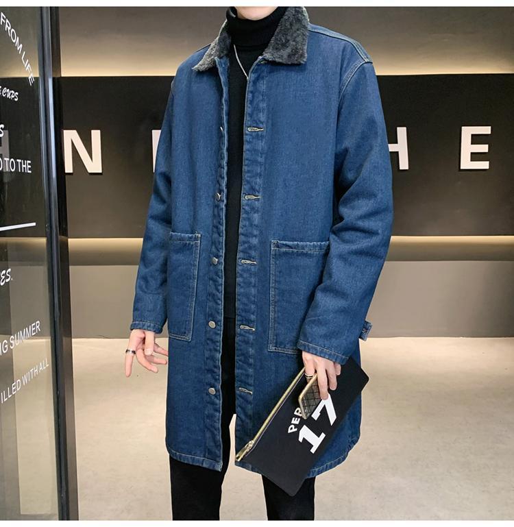 Men's Mid-Length Denim Trench Coat with Lamb Wool Lining - Winter Plus Size Loose Fit