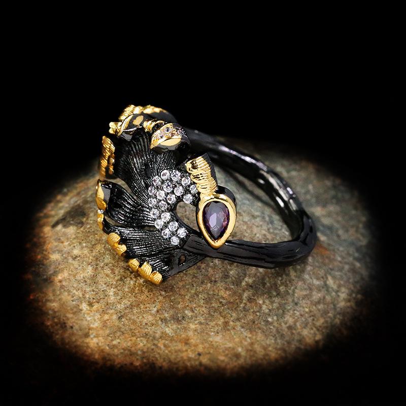 Retro Ethnic Leaves Winding Irregular Black Translucent Crystal Ring Luxury Exaggerated 925 Jewelry Wedding Ring