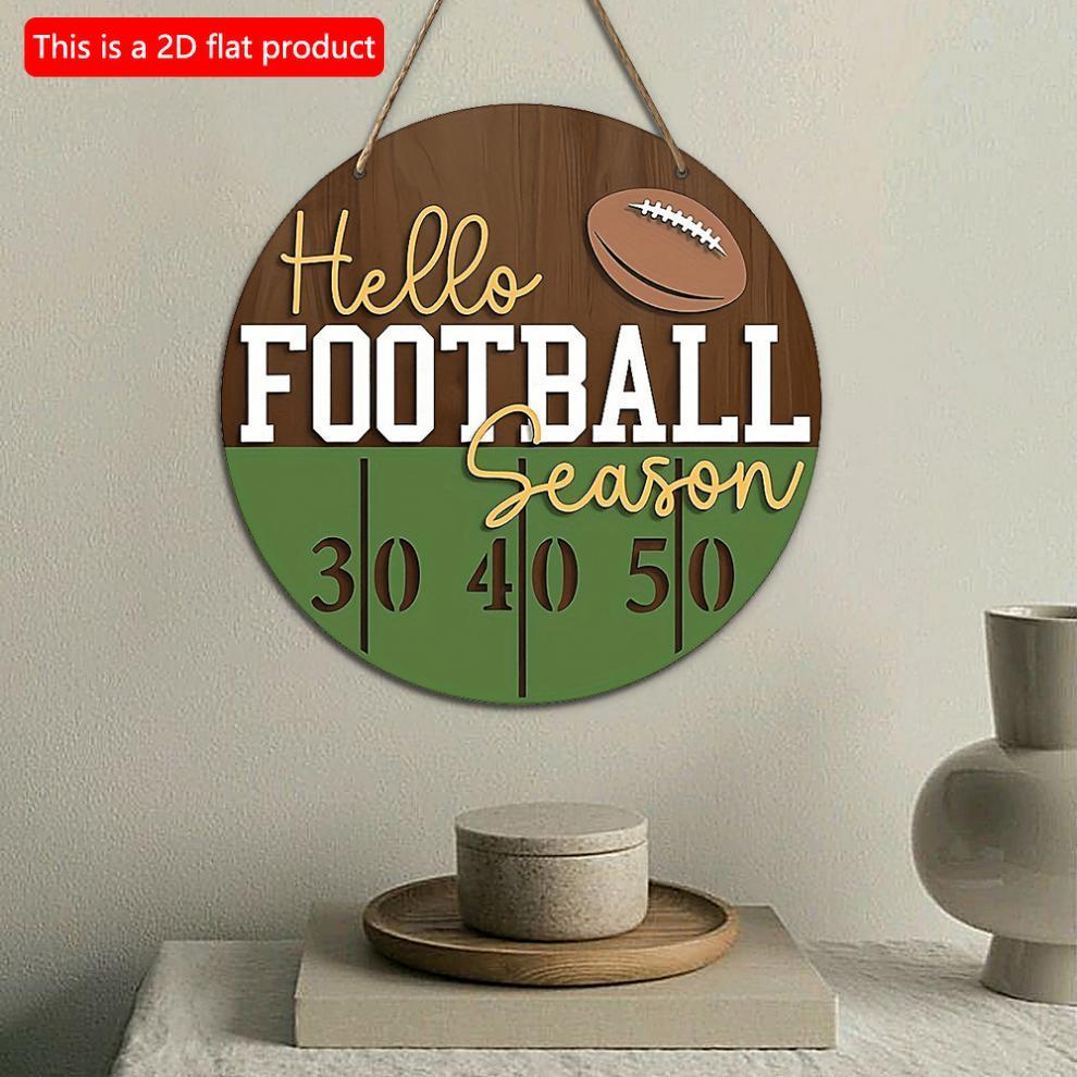 2D Flat 20cm1pc Hello Football Season Round Wooden Wall Hanging Decor -Retro football sport Vintage Wooden Pendant, Good blessing atmosphere Home