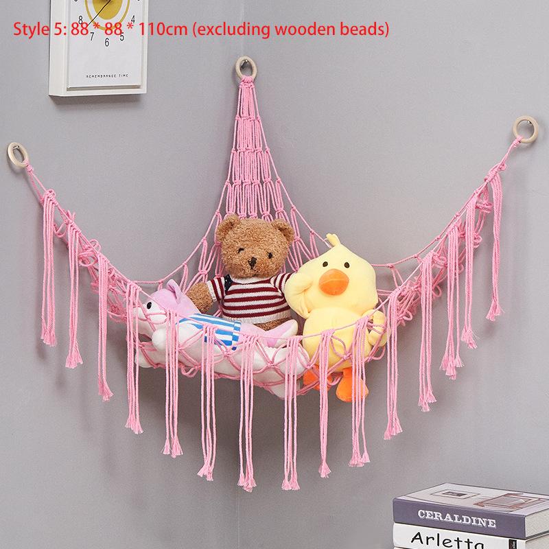 Triangular Toy Hammock Handwoven Cotton Rope Wall Storage for Stuffed Animals Plush Toys and Decor Macrame Toy Net With Fringe