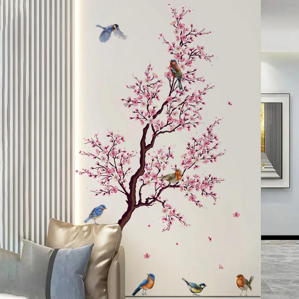 Pink Peach Blossom Flowers Branch Birds Floral Wall Stickers for Bedroom Living Room Furniture Background Wall Decals Murals PVC