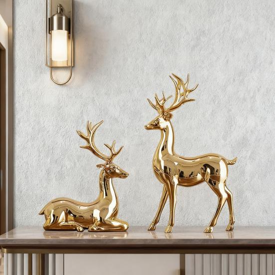Yousheng 1 Pair Christmas Electroplating Golden Reindeer Statue Standing Sitting Elk Figurine Deer Sculpture Home Office Desktop Decoration Ornament